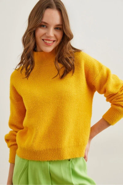 Women's Yellow Crewneck Soft Texture Fuzzy Sweater KZK-19000859 - OLALOOK