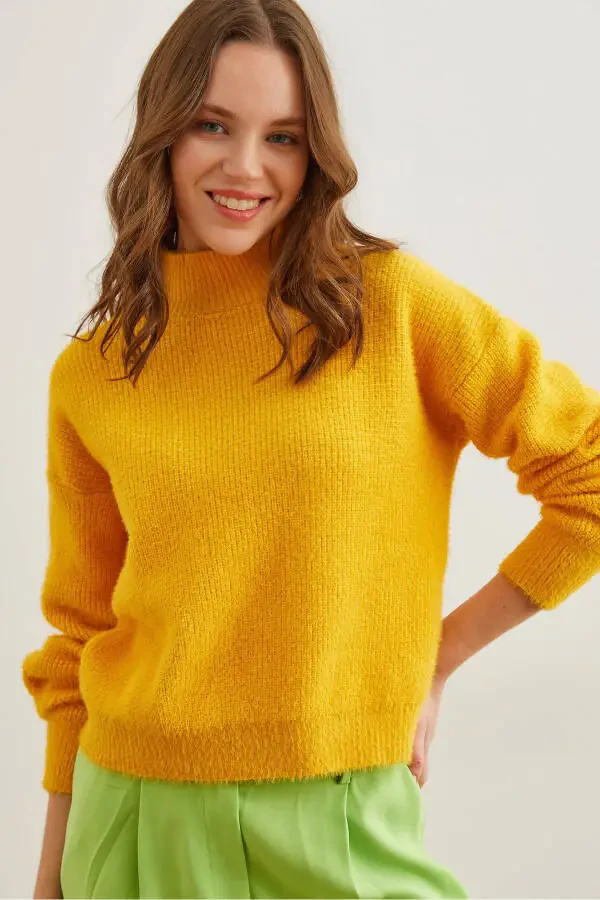 Women's Yellow Crewneck Soft Texture Fuzzy Sweater KZK-19000859 - 1
