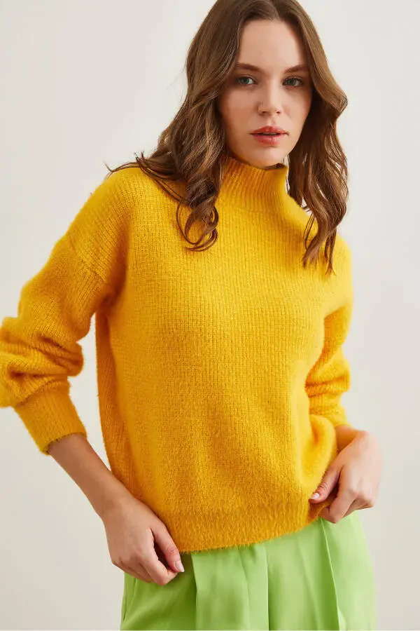 Women's Yellow Crewneck Soft Texture Fuzzy Sweater KZK-19000859 - 2