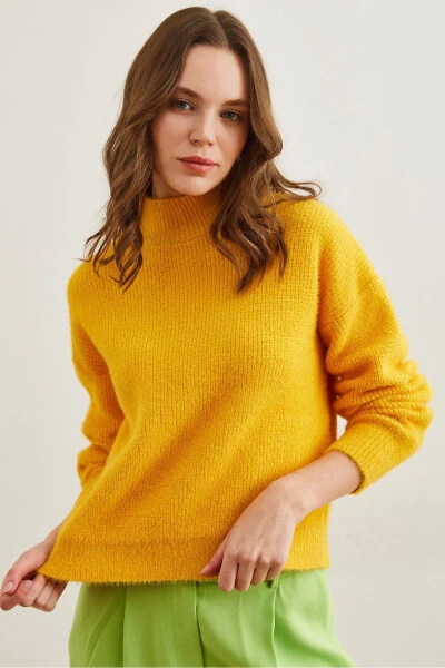 Women's Yellow Crewneck Soft Texture Fuzzy Sweater KZK-19000859 - 3