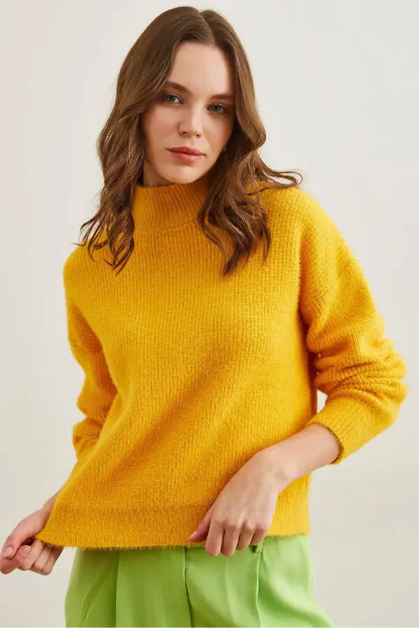 Women's Yellow Crewneck Soft Texture Fuzzy Sweater KZK-19000859 - 3