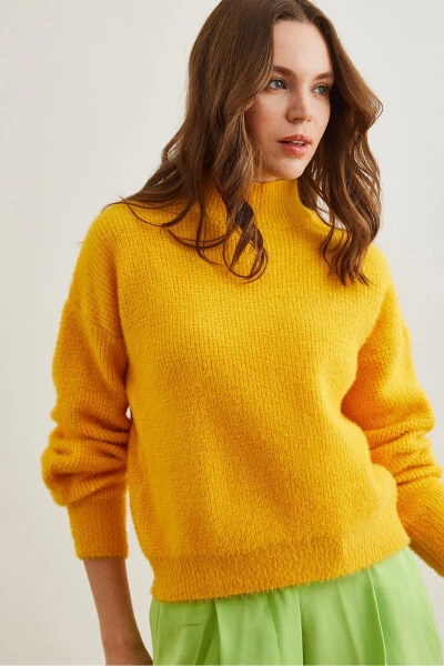 Women's Yellow Crewneck Soft Texture Fuzzy Sweater KZK-19000859 - 4