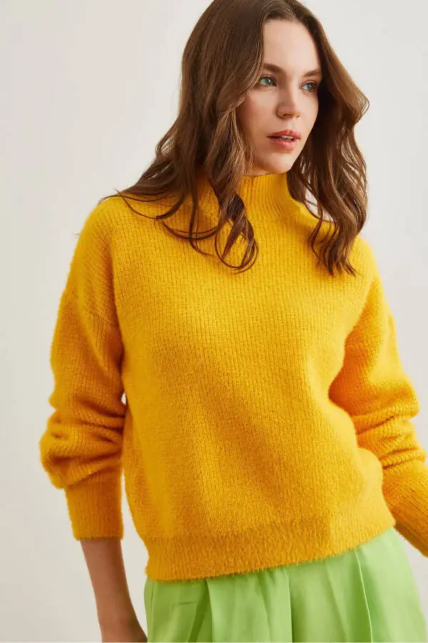 Women's Yellow Crewneck Soft Texture Fuzzy Sweater KZK-19000859 - 4