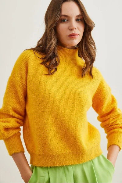 Women's Yellow Crewneck Soft Texture Fuzzy Sweater KZK-19000859 - 5