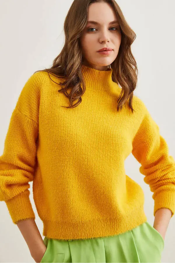 Women's Yellow Crewneck Soft Texture Fuzzy Sweater KZK-19000859 - 5