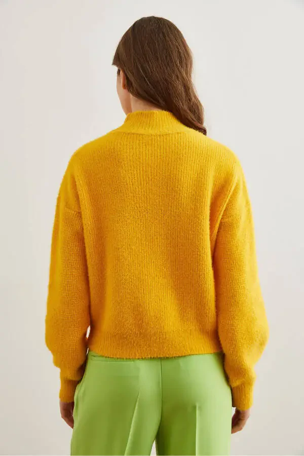 Women's Yellow Crewneck Soft Texture Fuzzy Sweater KZK-19000859 - 7