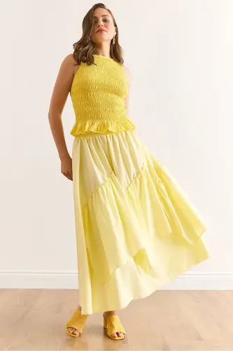 Women's Yellow Elastic Waist Paneled Skirt ETK-19000331 