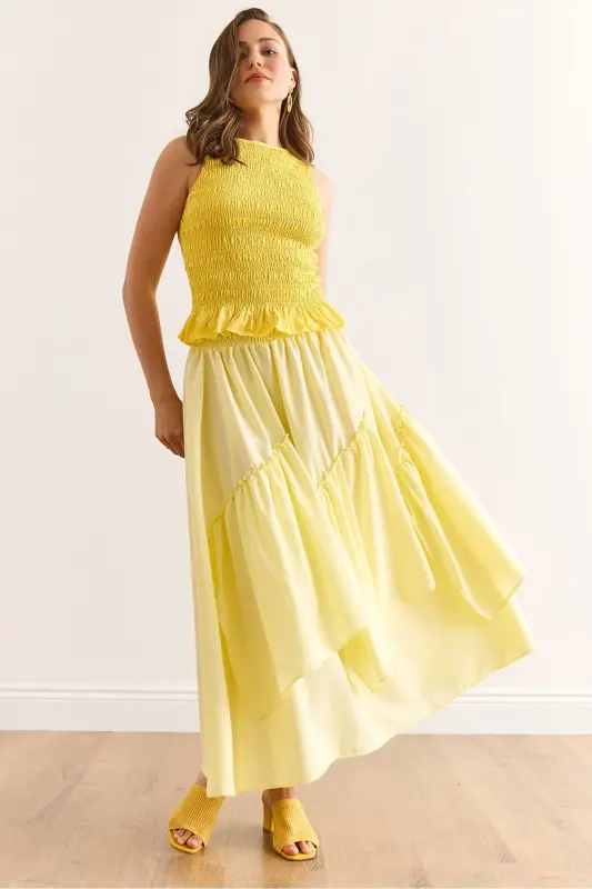 Women's Yellow Elastic Waist Paneled Skirt ETK-19000331 - 1