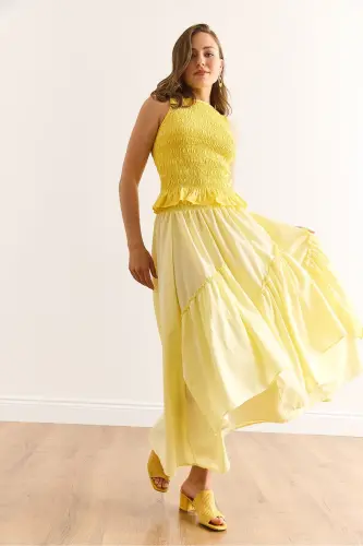 Women's Yellow Elastic Waist Paneled Skirt ETK-19000331 - 2