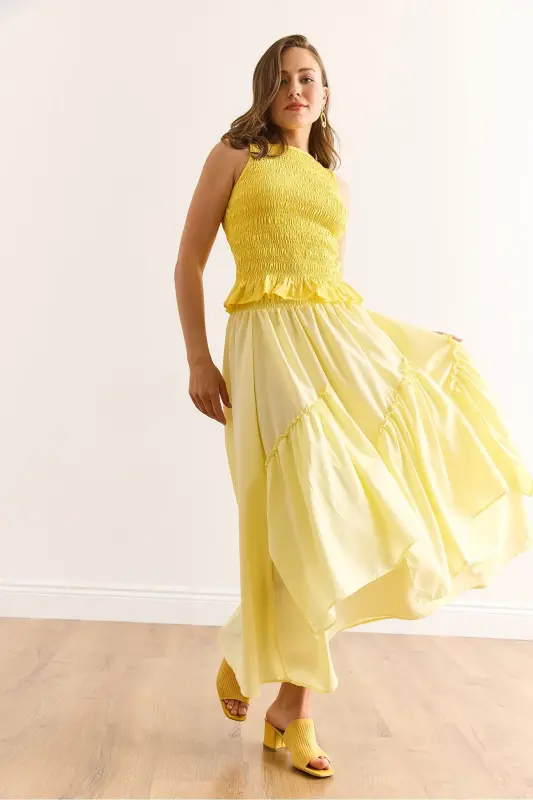 Women's Yellow Elastic Waist Paneled Skirt ETK-19000331 - 2
