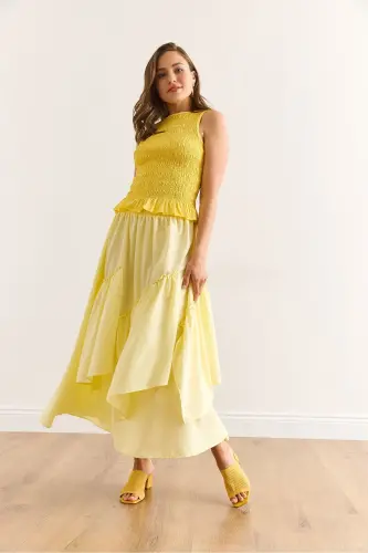 Women's Yellow Elastic Waist Paneled Skirt ETK-19000331 - 3