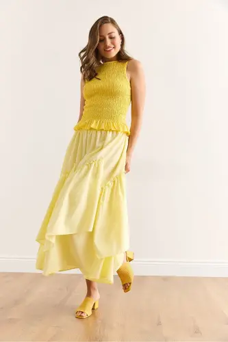 Women's Yellow Elastic Waist Paneled Skirt ETK-19000331 - 4