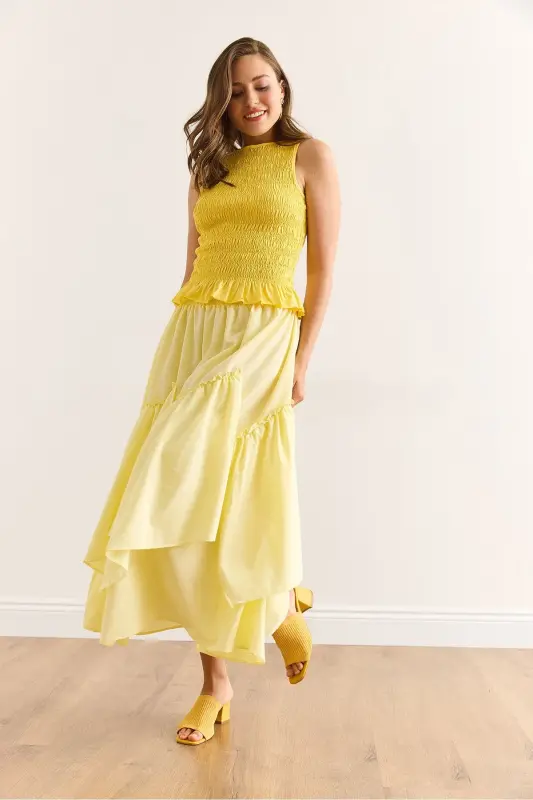 Women's Yellow Elastic Waist Paneled Skirt ETK-19000331 - 4