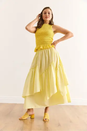Women's Yellow Elastic Waist Paneled Skirt ETK-19000331 - 5