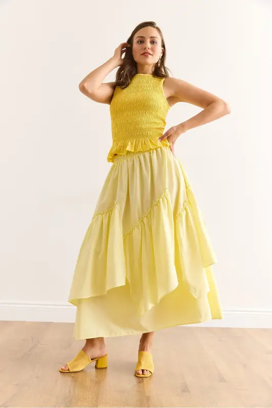 Women's Yellow Elastic Waist Paneled Skirt ETK-19000331 - 5