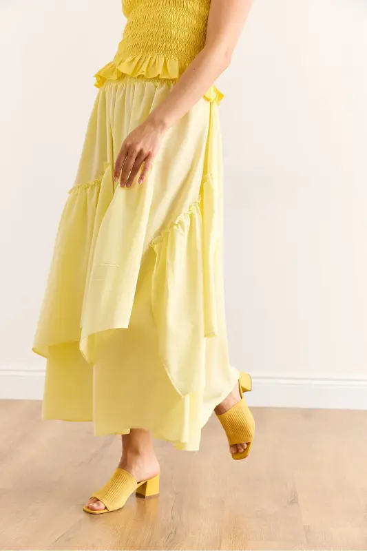 Women's Yellow Elastic Waist Paneled Skirt ETK-19000331 - 6