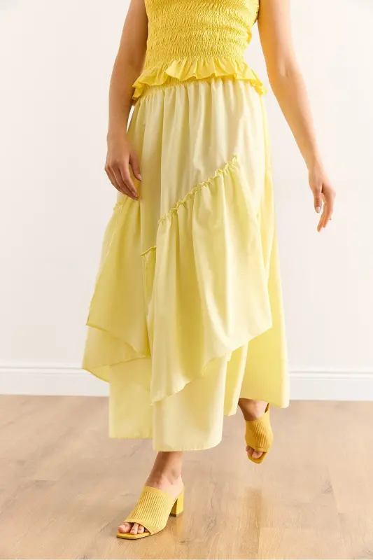 Women's Yellow Elastic Waist Paneled Skirt ETK-19000331 - 7