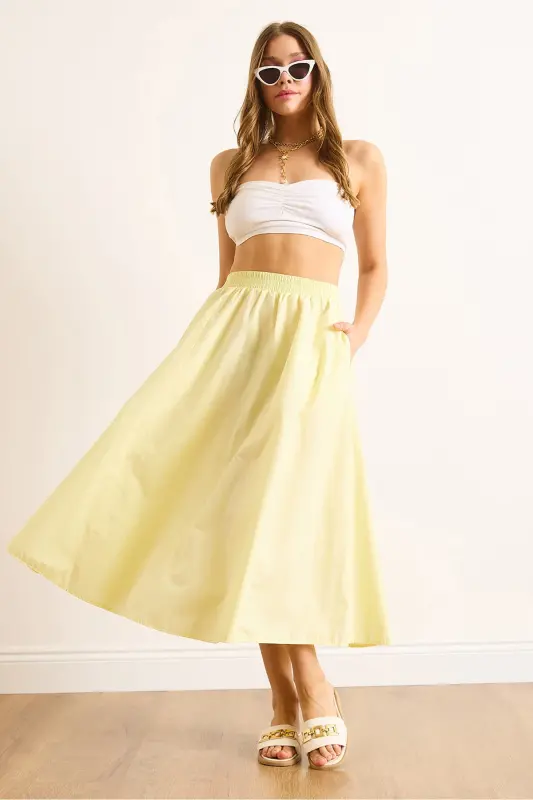 Women's Yellow Elastic Waist Parachute Bell Skirt ETK-19000280-Yellow - 4
