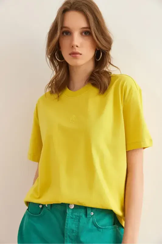 Women's Yellow Embroidered Boyfriend Cotton T-Shirt TSH-1900 - 1