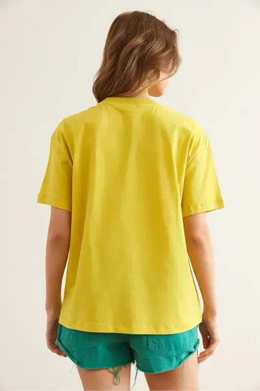 Women's Yellow Embroidered Boyfriend Cotton T-Shirt TSH-1900 - 2