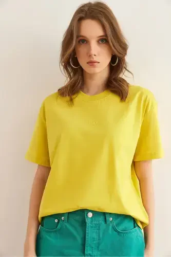 Women's Yellow Embroidered Boyfriend Cotton T-Shirt TSH-1900 - 3