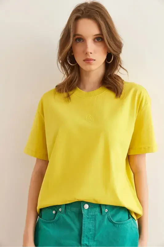 Women's Yellow Embroidered Boyfriend Cotton T-Shirt TSH-1900 - 3