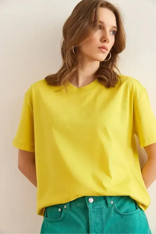 Women's Yellow Embroidered Boyfriend Cotton T-Shirt TSH-1900 - 4