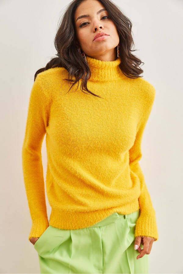 Women's Yellow Fisherman's Neck Soft Texture Bearded Knitted Sweater KZK-19000861 - 2