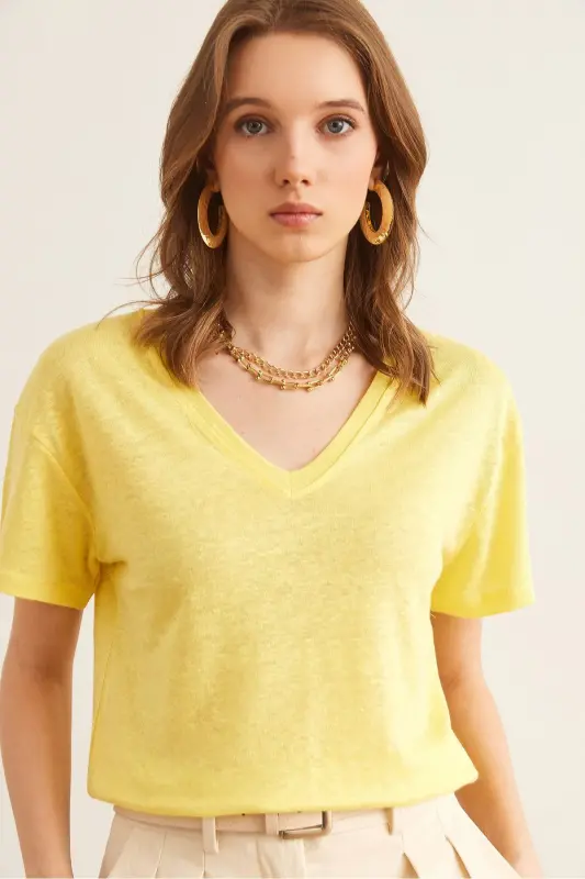 Women's Yellow Flare V Neck Crop Top TSH-19000861- - 3