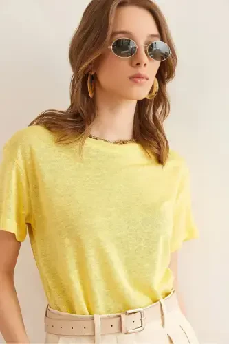 Women's Yellow Flared Dropped Shoulder Crew Neck Crop T-Shirt - 1
