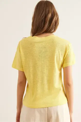 Women's Yellow Flared Dropped Shoulder Crew Neck Crop T-Shirt - OLALOOK (1)