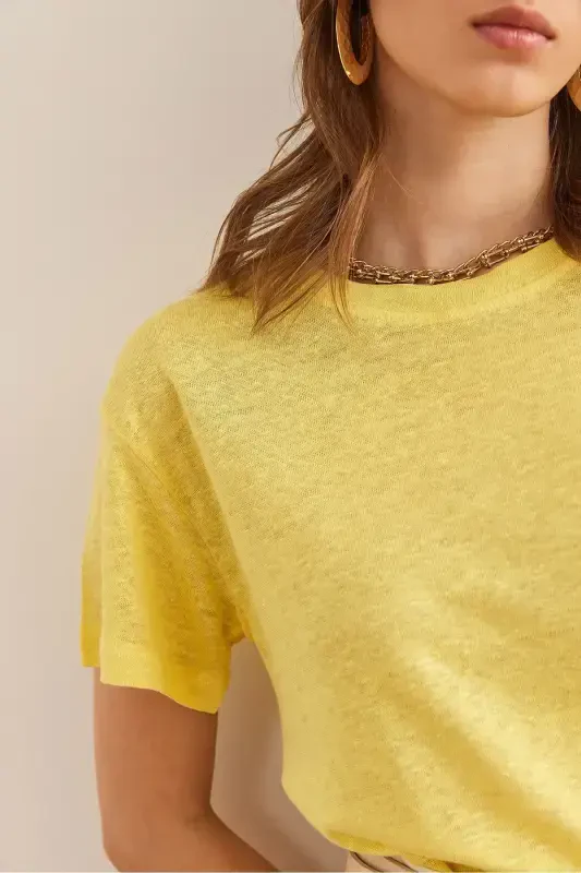 Women's Yellow Flared Dropped Shoulder Crew Neck Crop T-Shirt - 6