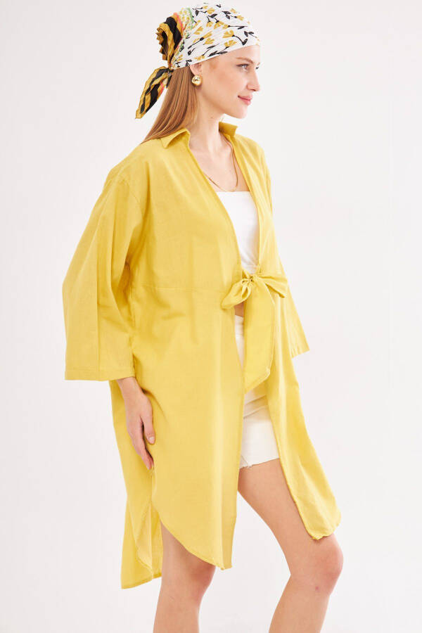 Women's Yellow Front Tie Midi Linen Dress - 2