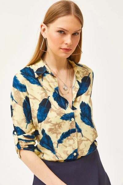 Women's Yellow Leaf Woven Viscose Shirt GML-19001181 - OLALOOK