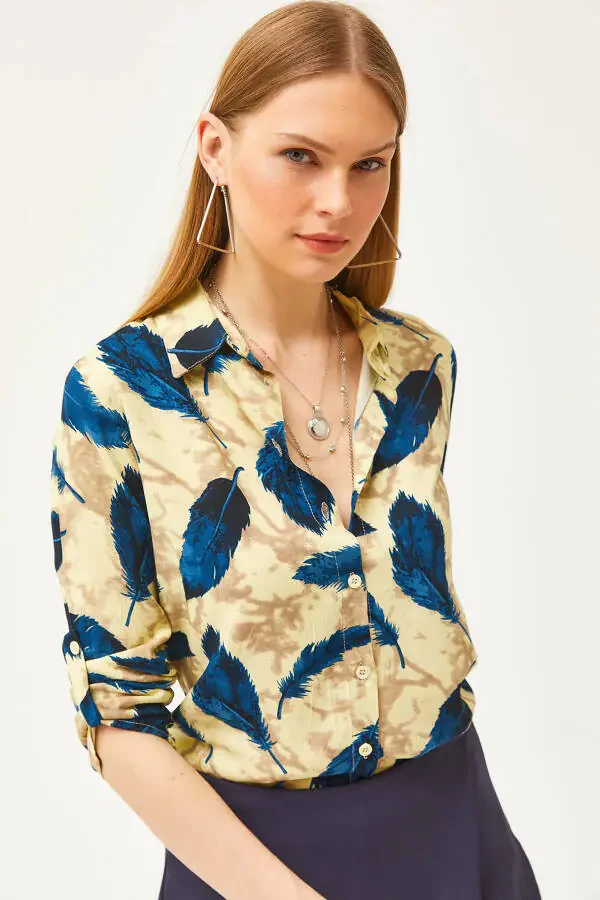 Women's Yellow Leaf Woven Viscose Shirt GML-19001181 - 1