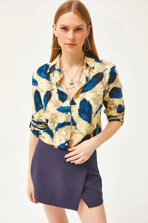 Women's Yellow Leaf Woven Viscose Shirt GML-19001181 - 3