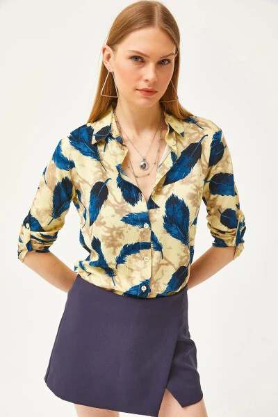 Women's Yellow Leaf Woven Viscose Shirt GML-19001181 - 4