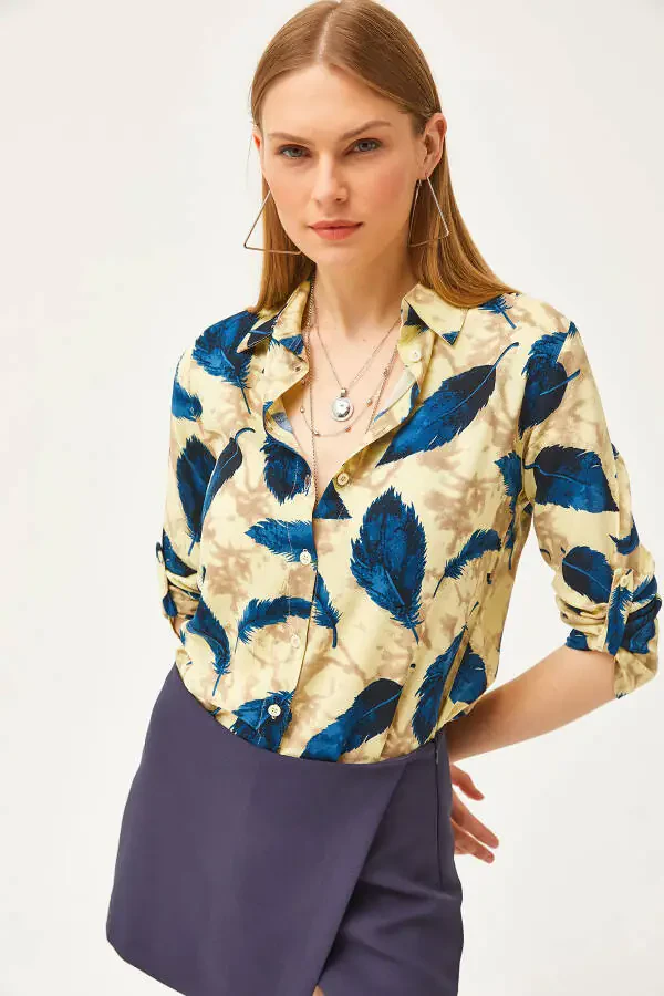 Women's Yellow Leaf Woven Viscose Shirt GML-19001181 - 5