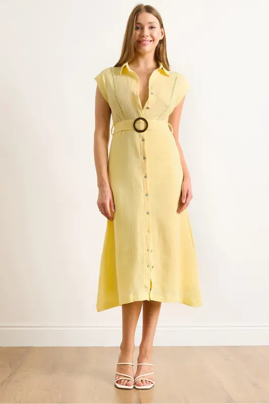 Women's Yellow Lined Belted Muslin Shirt Dress CLO-19002423-Yellow - 1