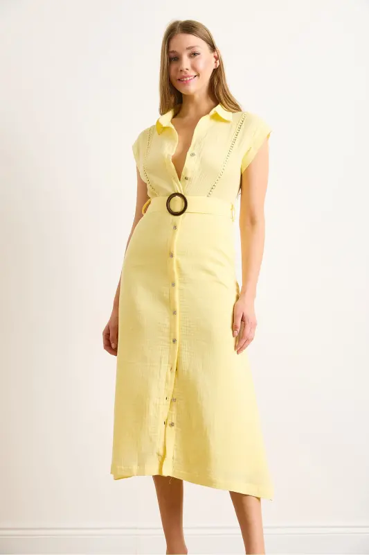 Women's Yellow Lined Belted Muslin Shirt Dress CLO-19002423-Yellow - 3