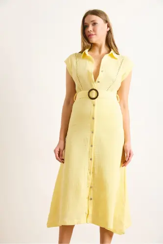 Women's Yellow Lined Belted Muslin Shirt Dress CLO-19002423-Yellow - 4