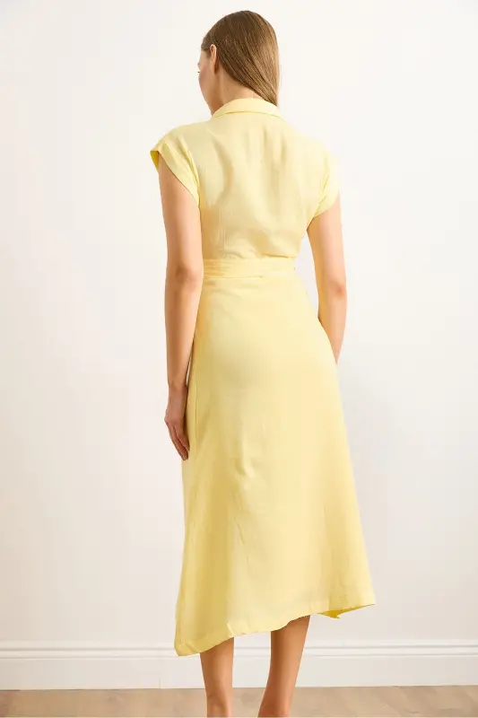 Women's Yellow Lined Belted Muslin Shirt Dress CLO-19002423-Yellow - 6
