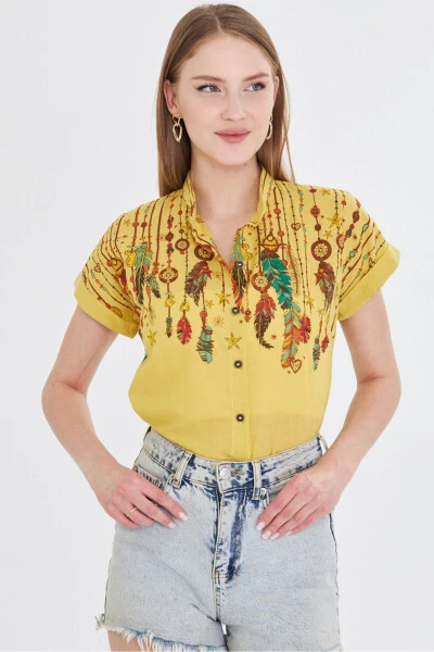 Women's Yellow Mandarin Collar Short Sleeve Shirt ARM-25Y001 - ARMONIKA