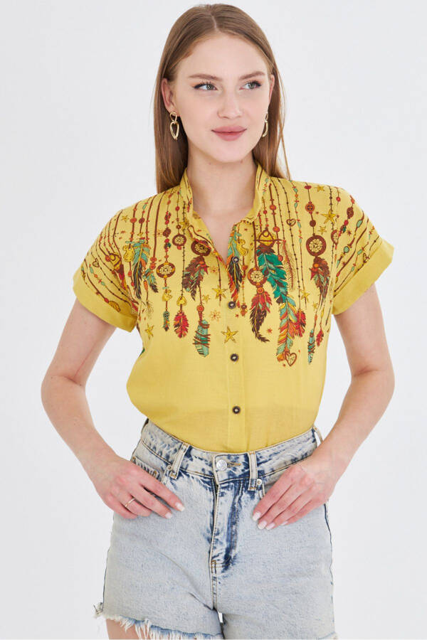 Women's Yellow Mandarin Collar Short Sleeve Shirt ARM-25Y001 - 1