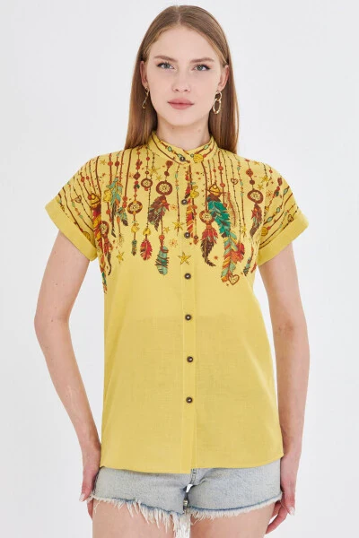 Women's Yellow Mandarin Collar Short Sleeve Shirt ARM-25Y001 - ARMONIKA (1)