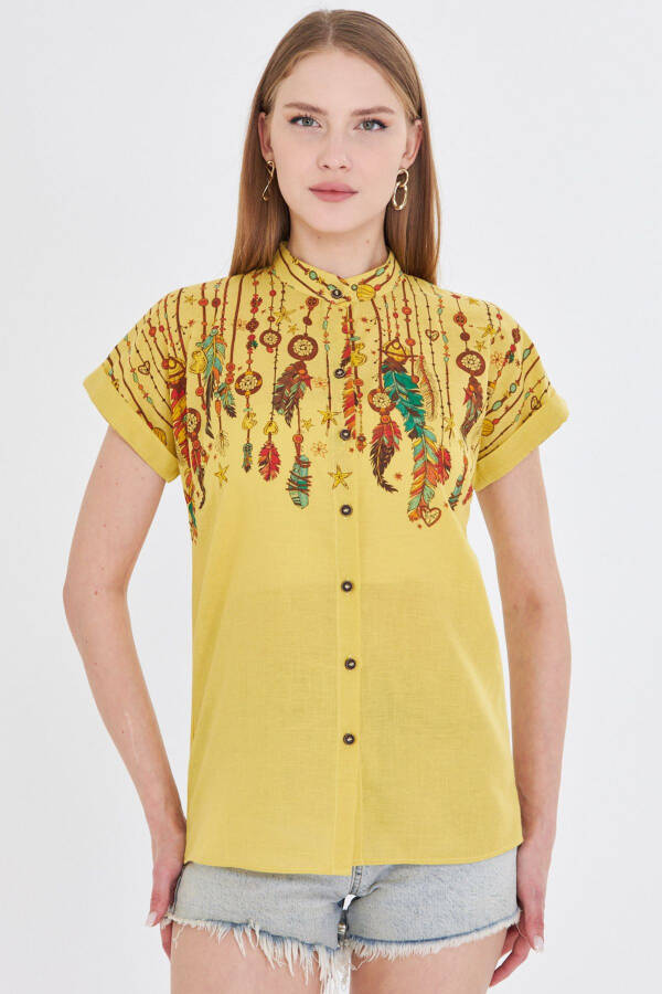 Women's Yellow Mandarin Collar Short Sleeve Shirt ARM-25Y001 - 2