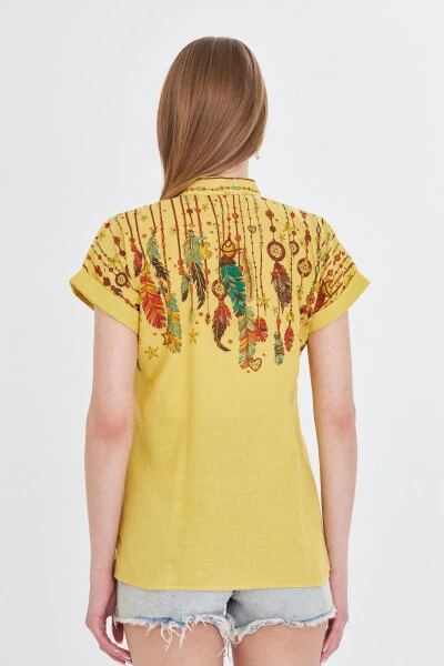 Women's Yellow Mandarin Collar Short Sleeve Shirt ARM-25Y001 - 4