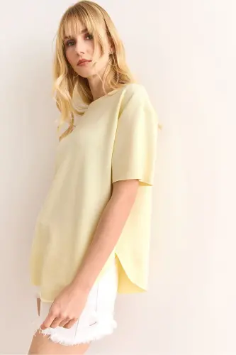Women's Yellow Modal Buttoned Soft Textured Oval Bottom T 