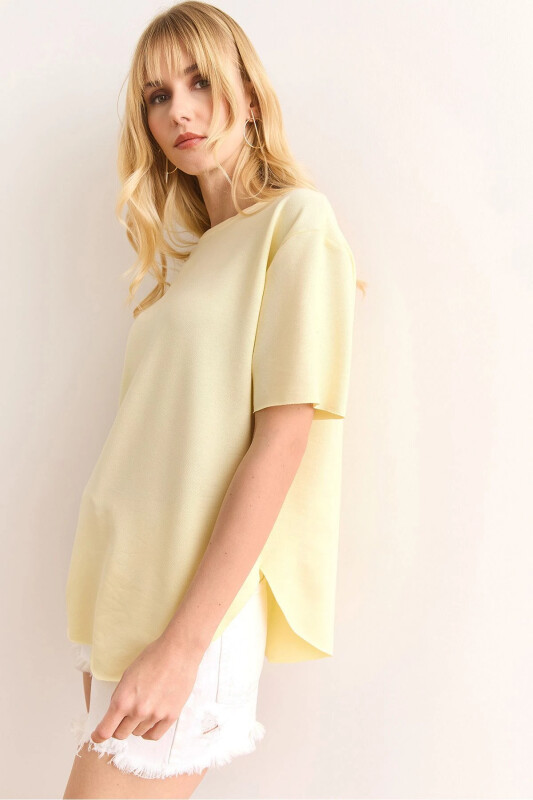 Women's Yellow Modal Buttoned Soft Textured Oval Bottom T - 1