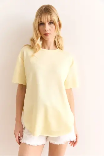 Women's Yellow Modal Buttoned Soft Textured Oval Bottom T - 2